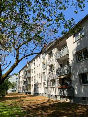 Rückansicht Gebäude mit Fenstern und Balkonen und Begrünung