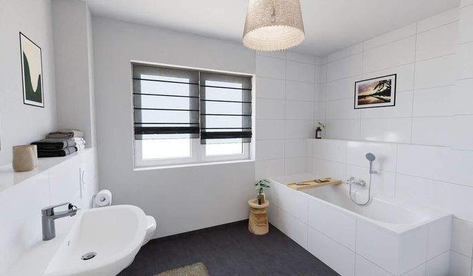 Modernes Tageslichtbad mit Badewanne und Dusche