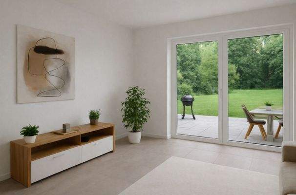 Wohnzimmer mit Zugang zur großen Terrasse im Garten 