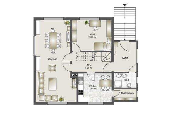 Erdgeschoss, Einrichtungsbeispiel, nicht maßstabsgerecht!