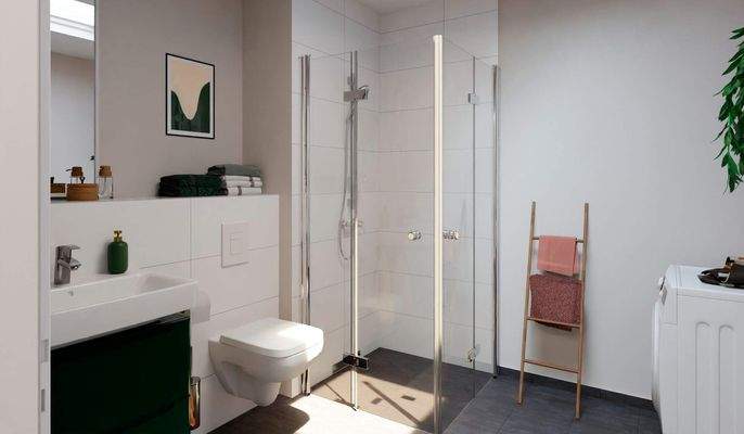 Modernes Badezimmer mit bodengleicher Dusche und G