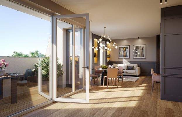 Visualisierung Loggia, Wohnen, Essen, Kochen, Arbeiten