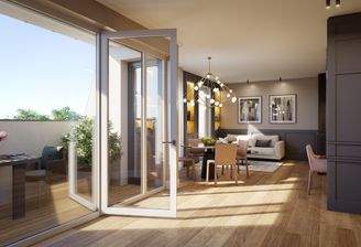 Visualisierung Loggia, Wohnen, Essen, Kochen, Arbeiten