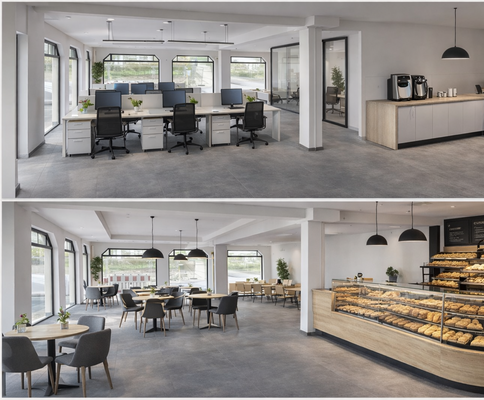 KI generiertes Bild einer möglichen Einrichtung & Nutzung.
Hier als Bürofläche oder Bäckerei