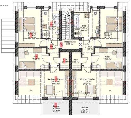 Grundriss Whg.3, DGre rot markiert 