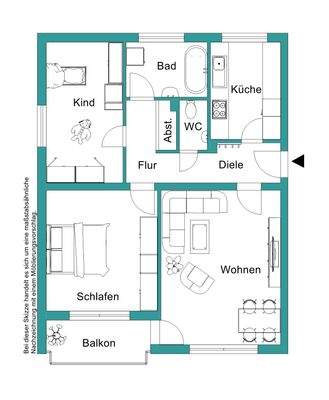 3-Zimmer-Grundriss bestehend aus Flur, abgeschlossener Küche, Tageslichtbad mit Badewanne, separates WC, Wohnzimmer mit Zugang auf den Balkon, ein Schlafzimmer und ein Kinderzimmer.