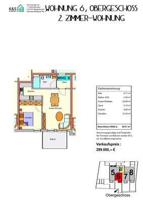 Grundriss Whg. Nr. 6 (nicht maßstabsgetreu - kann vom Original abweichen)