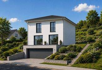 Hausansicht mit Doppelgarage und Hanglage