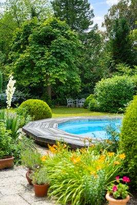 Grüne Sträucher und Hecken rahmen die sonnigen Rasenflächen ein