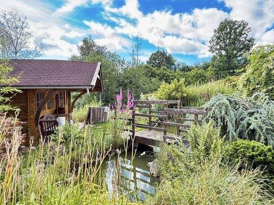 Idyllischer Teich mit schicker Brücke