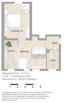 Grundriss farbig / möbliert