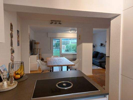 Blick aus der Küche in Wohn-Essbereich