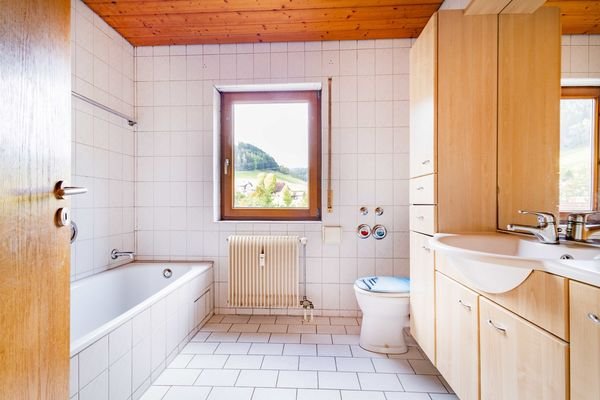 ...gelangen Sie in das Badezimmer mit separater Dusche und Fenster.