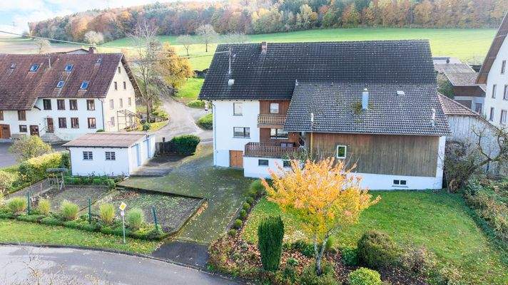 Ansicht mit Garage und Garten