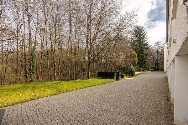 Außenansicht Garagenzufahrt und Garten