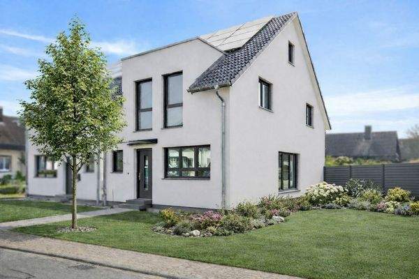 Straßenansicht mit visualisiertem Garten