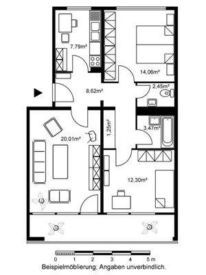 Grundriss mit Flur (8,62 m²), Bad (3,47 m²), WC (2,45 m²), Küche (7,79 m²), Wohnzimmer (20,01 m²), Schlafzimmer (14,06 m²), Kinderzimmer (12,30 m²), Abstellbereich (1,25 m²) und Balkon