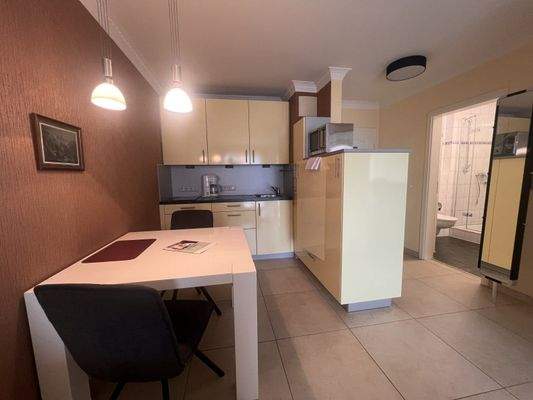 Offene Küchenzeile mit integriertem Stauraum und moderner Ausstattung