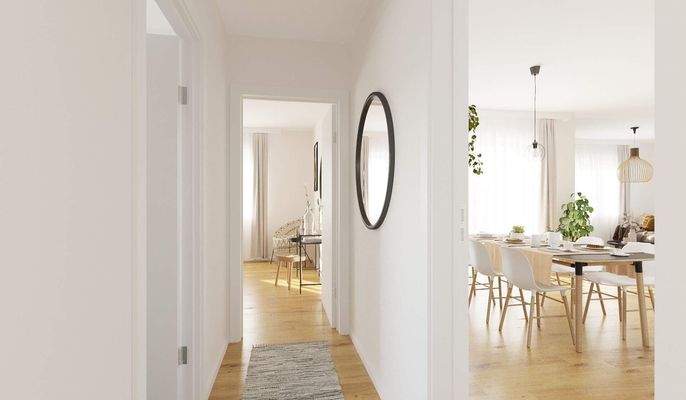 Der Flur bietet Platz für Bilder und Deko