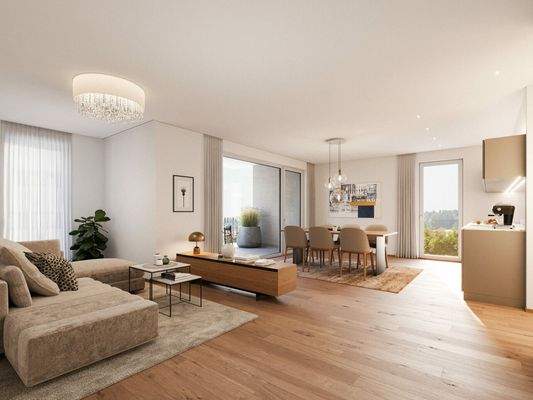 Modern eingerichteter Wohn- und Essbereich mit beigefarbenem Sofa, Holzboden und Zugang zu einem Balkon.