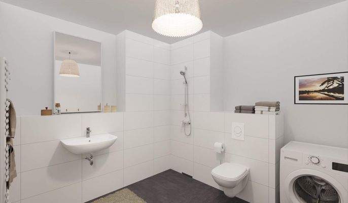 Modern gefliestes Bad mit bodengleicher Dusche