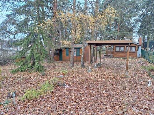 Blick auf das Grundstück mit Carport und Bungalows