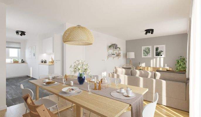 Visualisierung des Wohnzimmers im Doppelhaus