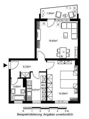 Grundriss mit Wohnzimmer (ca. 19,40 m²), Schlafzimmer (ca. 15,58 m²), Bad (ca. 4,65 m²), Küche (ca. 6,81 m²), Flur (ca. 6,33 m²) und Balkon (ca. 1,93 m²)