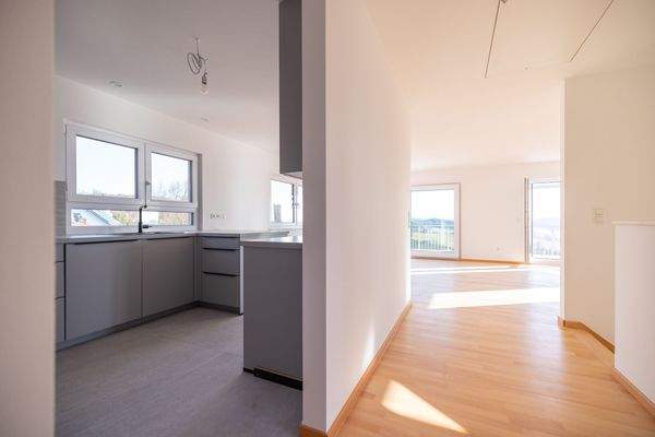 Blick Richtung Küche und Wohnbereich mit sich anschließender Terrasse