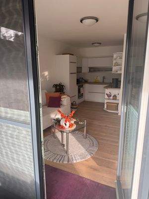 Blick von in der Terrasse in den Wohnbereich und in die Küche