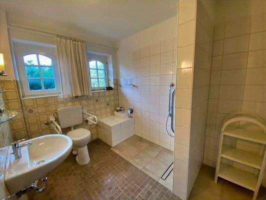 Tageslichtbad mit bodentiefer Dusche