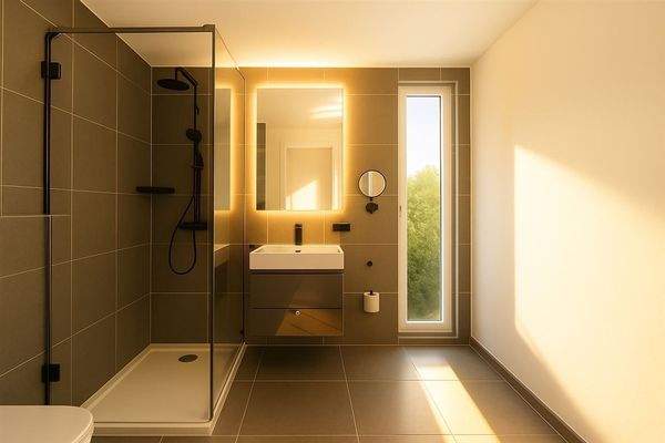 modernes Duschbad mit bodentiefem Fenster