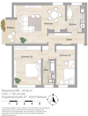 Grundriss farbig / möbliert