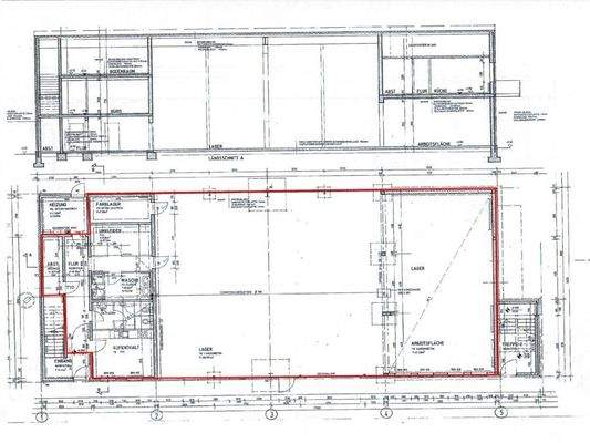 Grundriss EG - Halle mit Büroflächen - rotliniert
