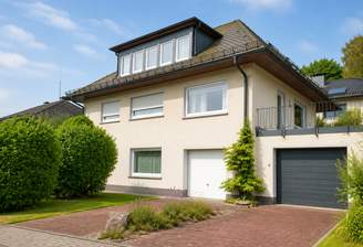 Straßenseitige Objektansicht mit Einfahrt, Vorgarten, Garage (linke Garage) und Terrasse