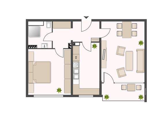Grundriss 2 Zimmer bestehend aus Wohn- / Essbereich mit Zugang zum Balkon, Arbeitsküche mit Fenster, einem Schlafraum, einem innenliegendem Duschbad und Flurflächen