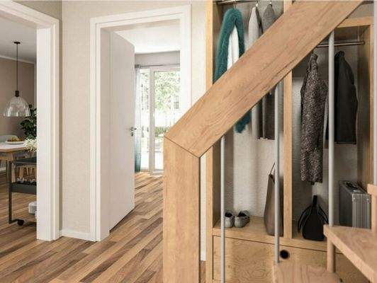 Freundliche, helle Diele mit klarer Linienführung – ein einladender Empfangsbereich mit Platz für Garderobe und Ankommen.