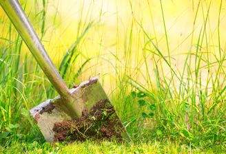 Spaten in Erde - Grüner Garten