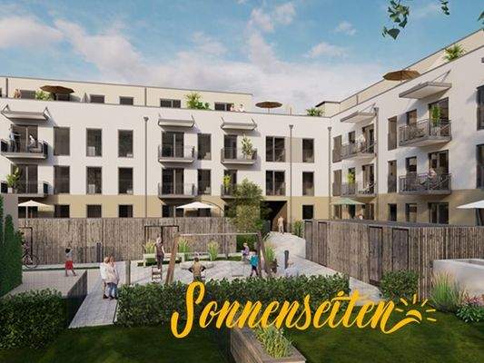 Begrünte Gemeinschaftsflächen im ruhigen Innenhof