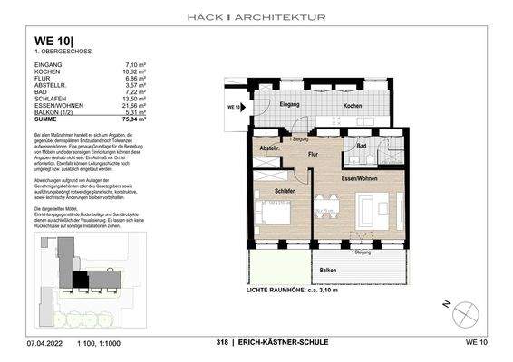 Wohnfläche, Lage und Grundriss WE 10