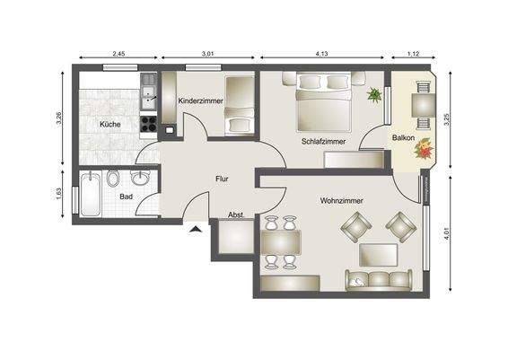 Durchdachter Grundriss einer 3-Zimmer-Wohnung – ideal für Paare oder als Kapitalanlage.