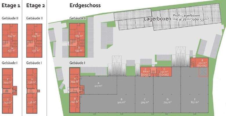 Grundrisse Bürogebäude und Hallen