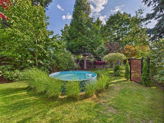 Blick in den Garten und auf den Pool