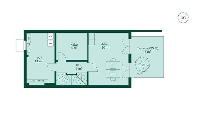 Untergeschoss mit Arbeitszimmer und Terrasse