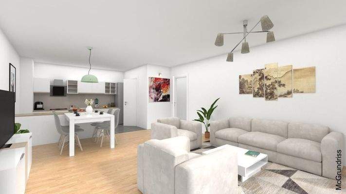 Graz-Gartenwohnung-Wohn-/Essküche-Visualisierung