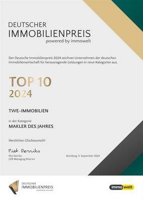 Urkunde Top 10 - Deustcher Immobilienpreis