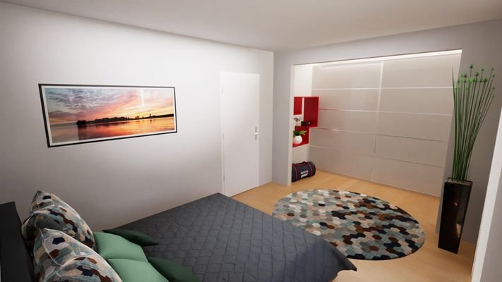 Schlafzimmer mit begehbarem Kleiderschrank und eigenem Bad