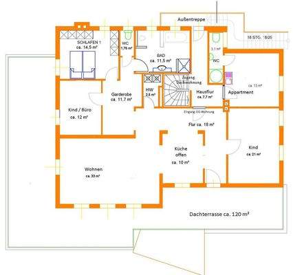 Das 1. OG mit 120 m² Dachterr.