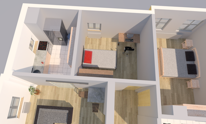 Grundriss Küche/Kinderzimmer m. mögl. Möblierung