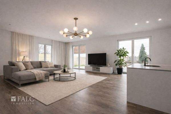 „Lichtdurchfluteter Sitzbereich mit bodentiefen Fenstern, Möblierung visualisiert.“